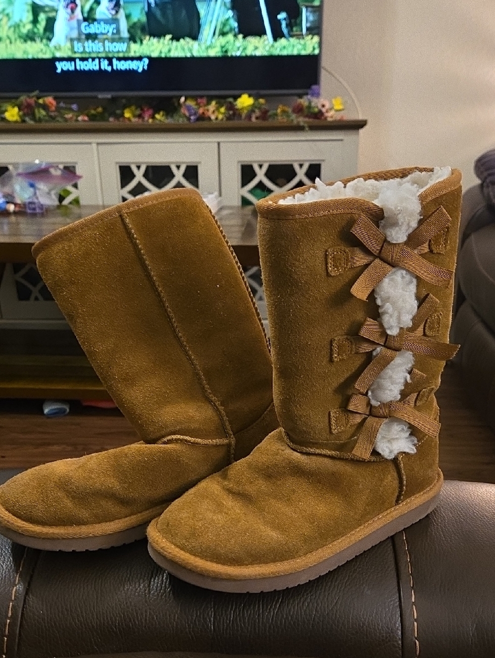 Ugg Chestnut Suede Shearling-Lined Bow Back Boots